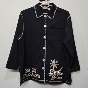 Vintage 90s Folk Art Shirt Jacket Plus Size 1X Embroidered Whimsical‎ Puff Paint